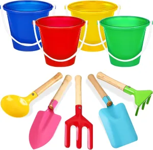 9 Pcs Garden Tools for Kids Beach Pails Metal Beach Sand Toy Set with Wooden Handle Sandbox Toy Include Bucket Spoon Fork Trowel Rake Shovel for Boys Girls