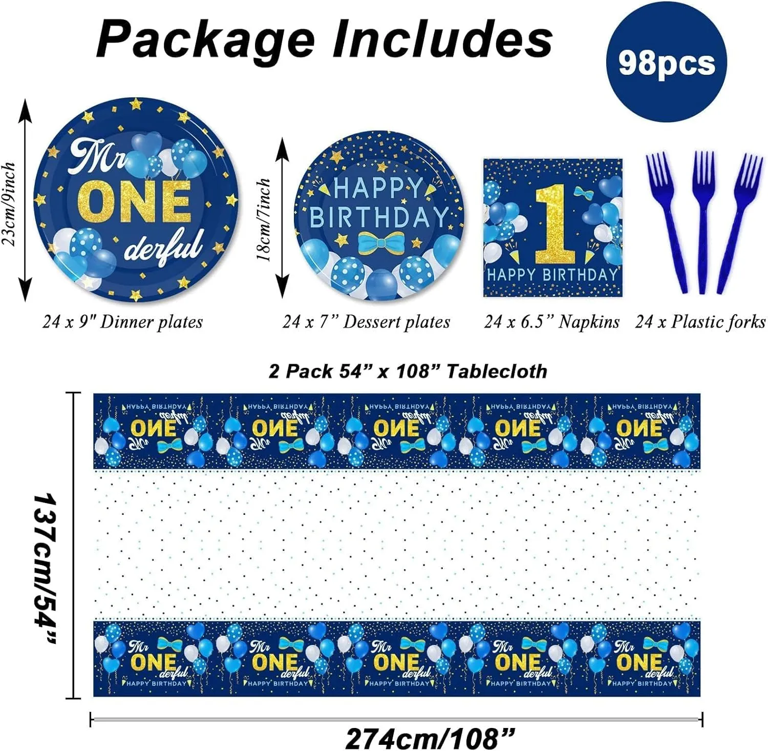 98 Pieces Mr Onederful 1st Birthday Party Decorations Boy Blue Tableware Set - Plates, Tablecloth, Supplies Kit for Baby Boy First Party Table Cover Dinnerware Favors