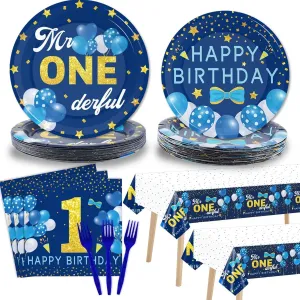 98 Pieces Mr Onederful 1st Birthday Party Decorations Boy Blue Tableware Set - Plates, Tablecloth, Supplies Kit for Baby Boy First Party Table Cover Dinnerware Favors