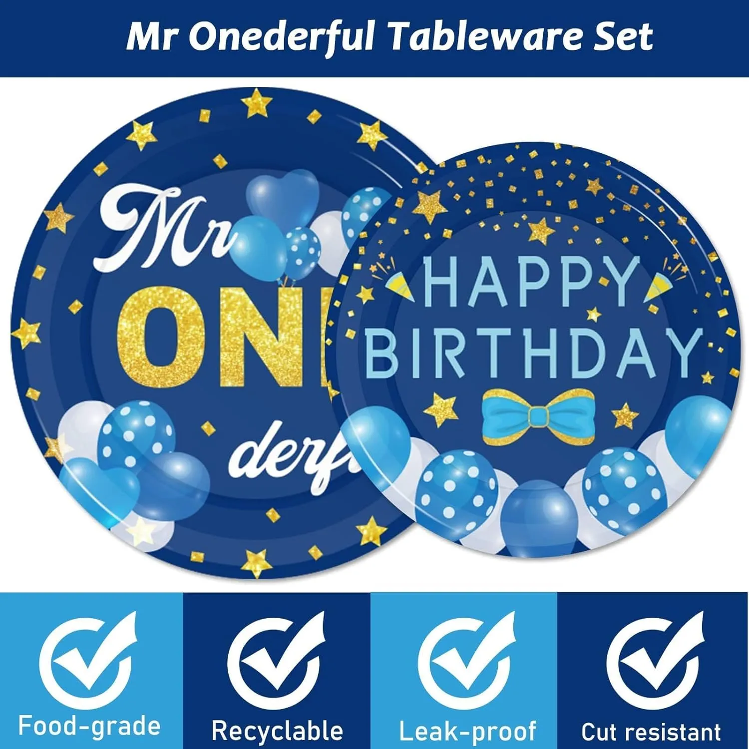 98 Pieces Mr Onederful 1st Birthday Party Decorations Boy Blue Tableware Set - Plates, Tablecloth, Supplies Kit for Baby Boy First Party Table Cover Dinnerware Favors