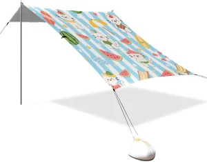 A Cute Cartoon White Vacation Cat Designed UPF50  Foldable Beach Cabana Waterproof Sun Shelter with Sandbags, Sand Shovel, Poles for Family Trips, Picnics & Camping para la Playa