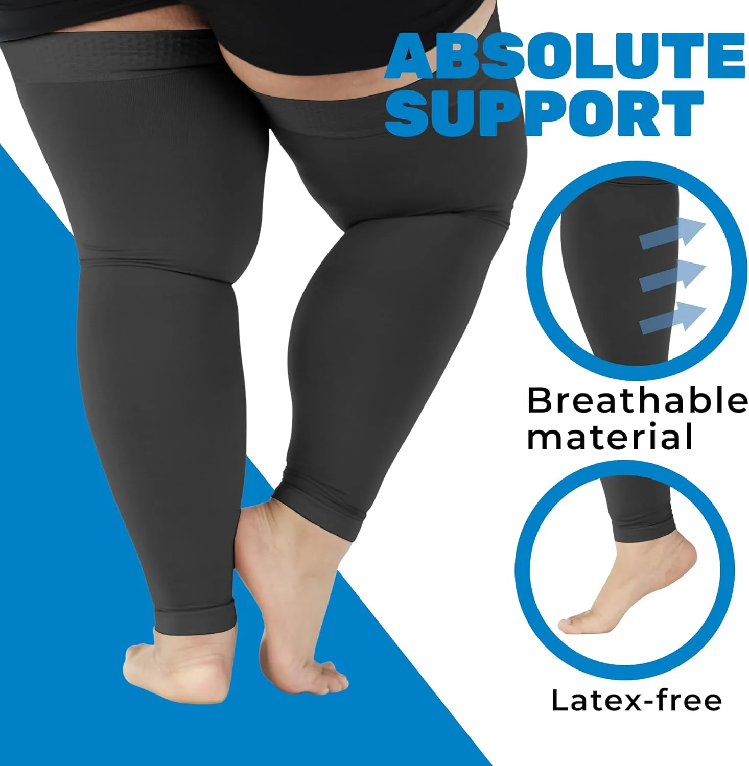 ABSOLUTE SUPPORT Compression Thigh High Sleeve 20-30mmHg for Women & Men Swelling - Unisex Opaque Footless Compression Socks for Circulation during Pregnancy, Travel, Flying, Sports - Black, Large