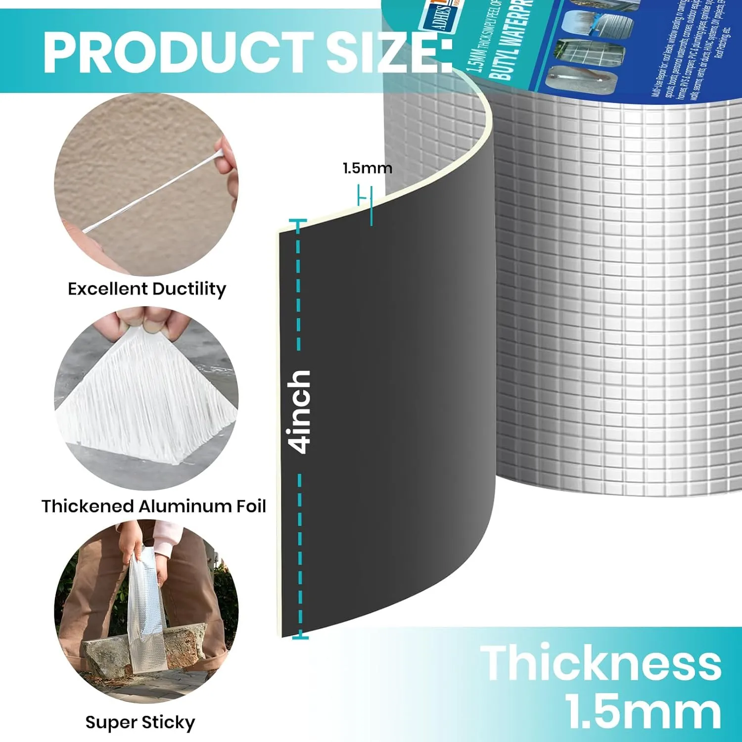 ADHES Extra Thick Butyl Tape 4 Inch x 16 Feet x 1.5mm – 50% Thicker for Superior Waterproof Sealing – Weatherproof Butyl Sealant Tape for RV Repairs, Roof Leaks, Window Seals, Pipe Seals, and More