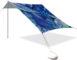 Aesthetic Winter Flounder Fishes Blue Designed UPF50  Protection Foldable Beach Tent Easy Setup Outdoor Sun Shade with Sandbags, Sand Shovel, Poles for Camping Trips, Fishing, Backyard Fun or
