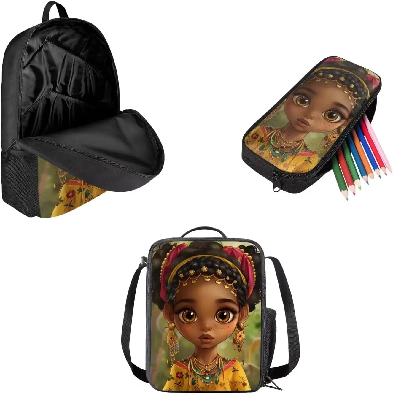 African Afro Girl School Bag Set 3 Piece Backpack Middle Elementary Students' Daypack with Lunch Insulated Bag Pencil Case for Afro Boy Bookbag