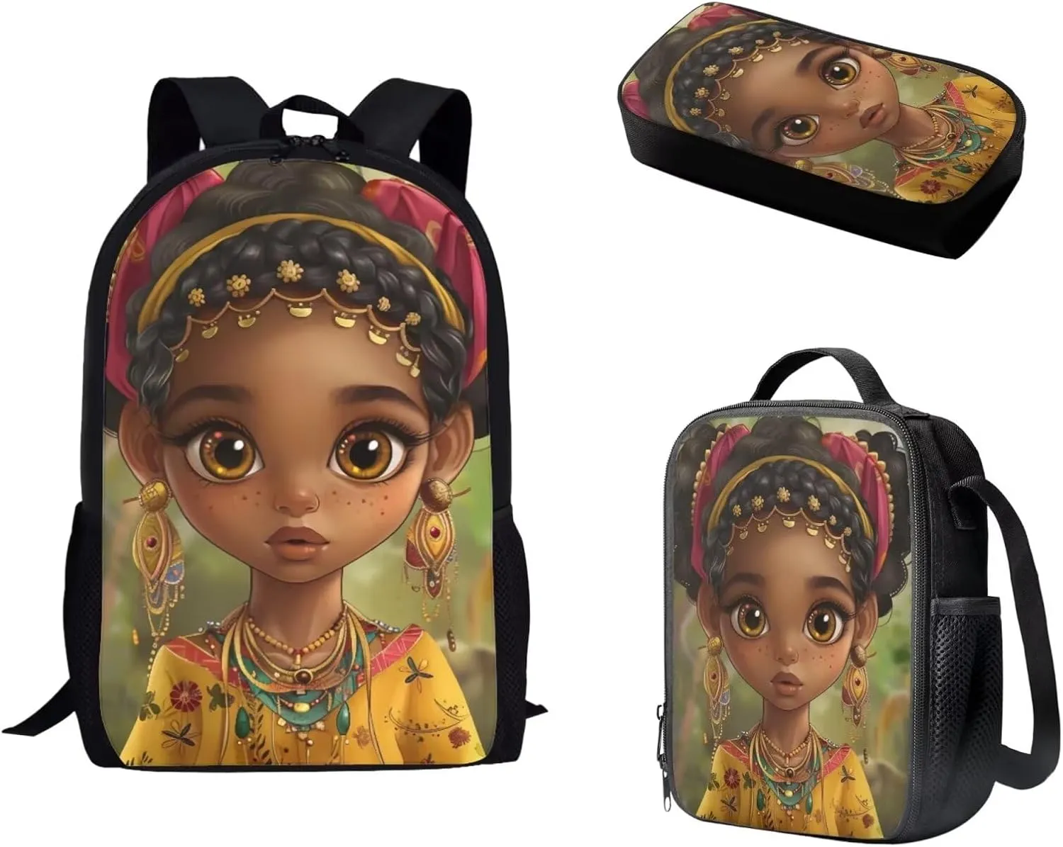African Afro Girl School Bag Set 3 Piece Backpack Middle Elementary Students' Daypack with Lunch Insulated Bag Pencil Case for Afro Boy Bookbag