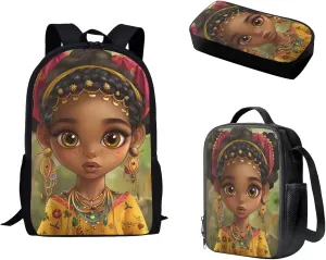 African Afro Girl School Bag Set 3 Piece Backpack Middle Elementary Students' Daypack with Lunch Insulated Bag Pencil Case for Afro Boy Bookbag