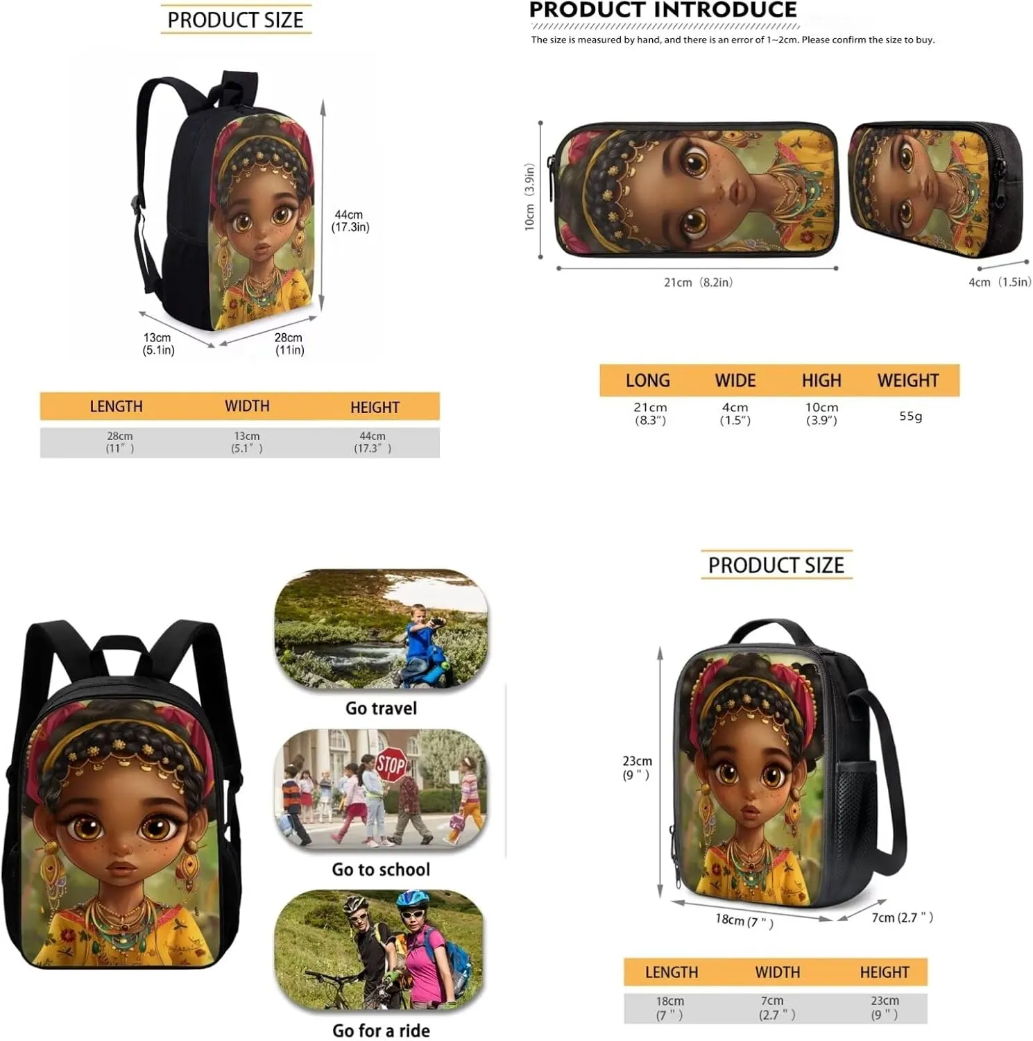 African Afro Girl School Bag Set 3 Piece Backpack Middle Elementary Students' Daypack with Lunch Insulated Bag Pencil Case for Afro Boy Bookbag
