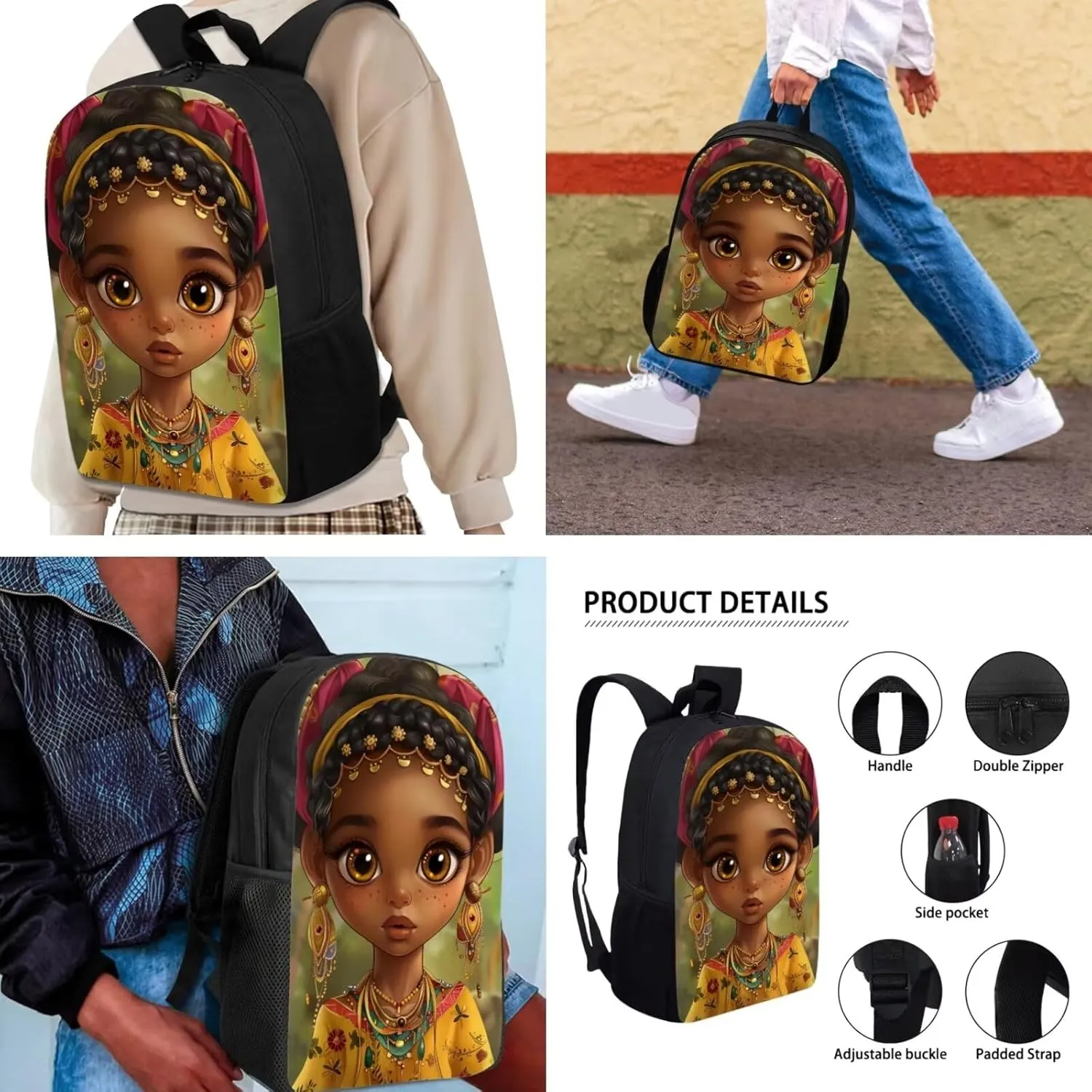 African Afro Girl School Bag Set 3 Piece Backpack Middle Elementary Students' Daypack with Lunch Insulated Bag Pencil Case for Afro Boy Bookbag