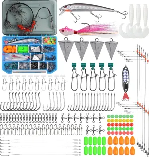 AGOOL Surf Fishing Tackle Kit, 173pcs Ocean Saltwater Fishing Lures Fish Finder Rigs Pompano Rigs Pyramid Sinker Weight Bucktail Jigs Fishing Hooks Swivels