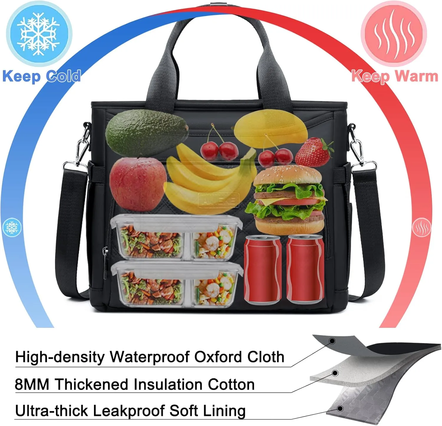 AIJIEKE Insulated Lunch Bag for Men Women, Lunch Box, Lunch Tote for Work, Large Leak Proof Cooler Bag with Removable Strap, Reusable Adult Lunchbag, Picnic, Office, Beach, Black