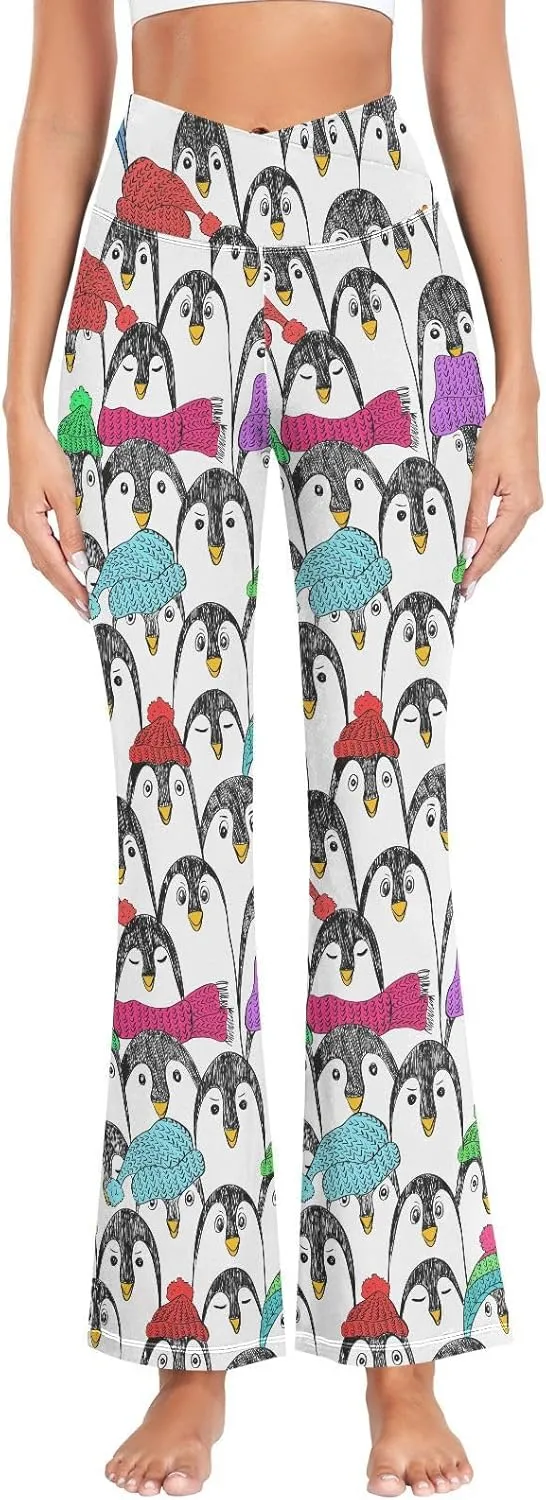 ALAZA Women's Penguins in Colorful Hats and Scarfs Funny Penguin Flare Yoga Pants
