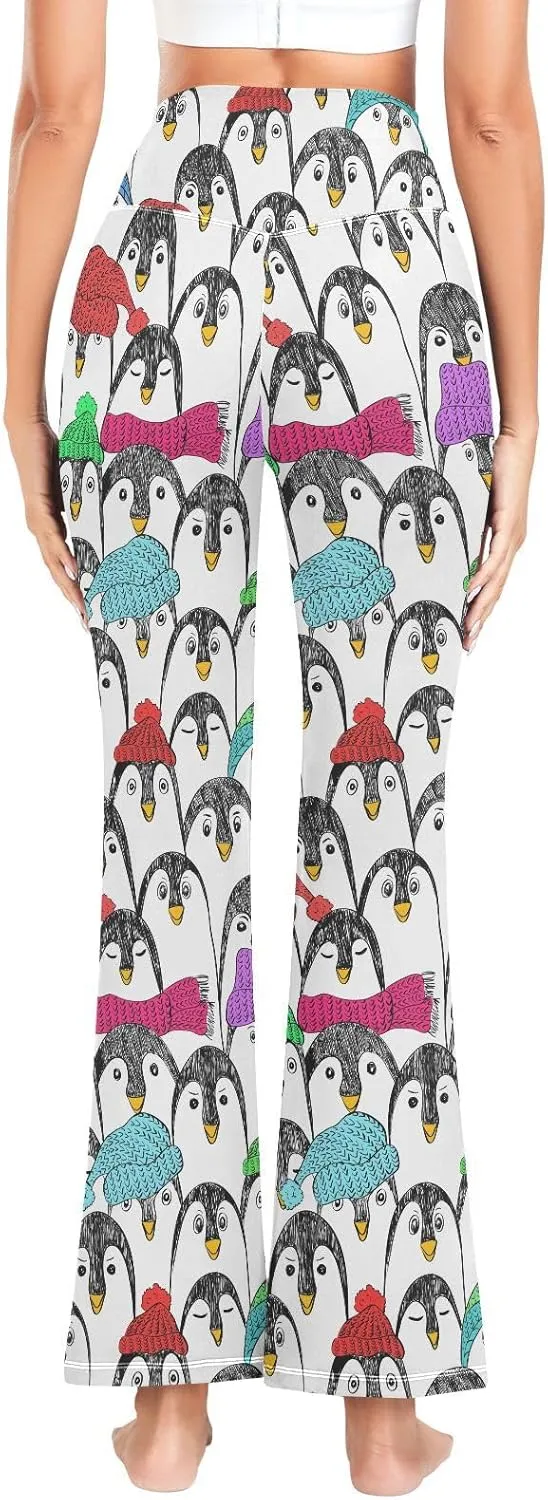 ALAZA Women's Penguins in Colorful Hats and Scarfs Funny Penguin Flare Yoga Pants