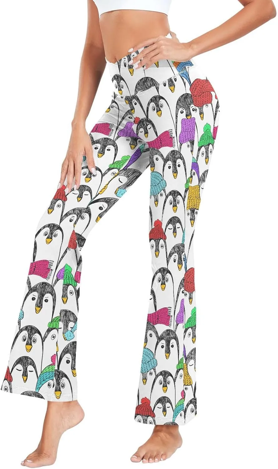 ALAZA Women's Penguins in Colorful Hats and Scarfs Funny Penguin Flare Yoga Pants