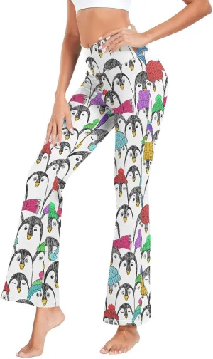 ALAZA Women's Penguins in Colorful Hats and Scarfs Funny Penguin Flare Yoga Pants