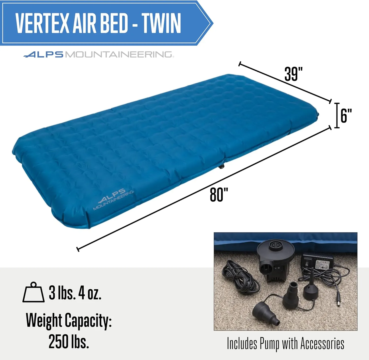 ALPS Mountaineering Vertex Air Bed, Twin or Queen Inflatable Mattress, Versatile Pump Included
