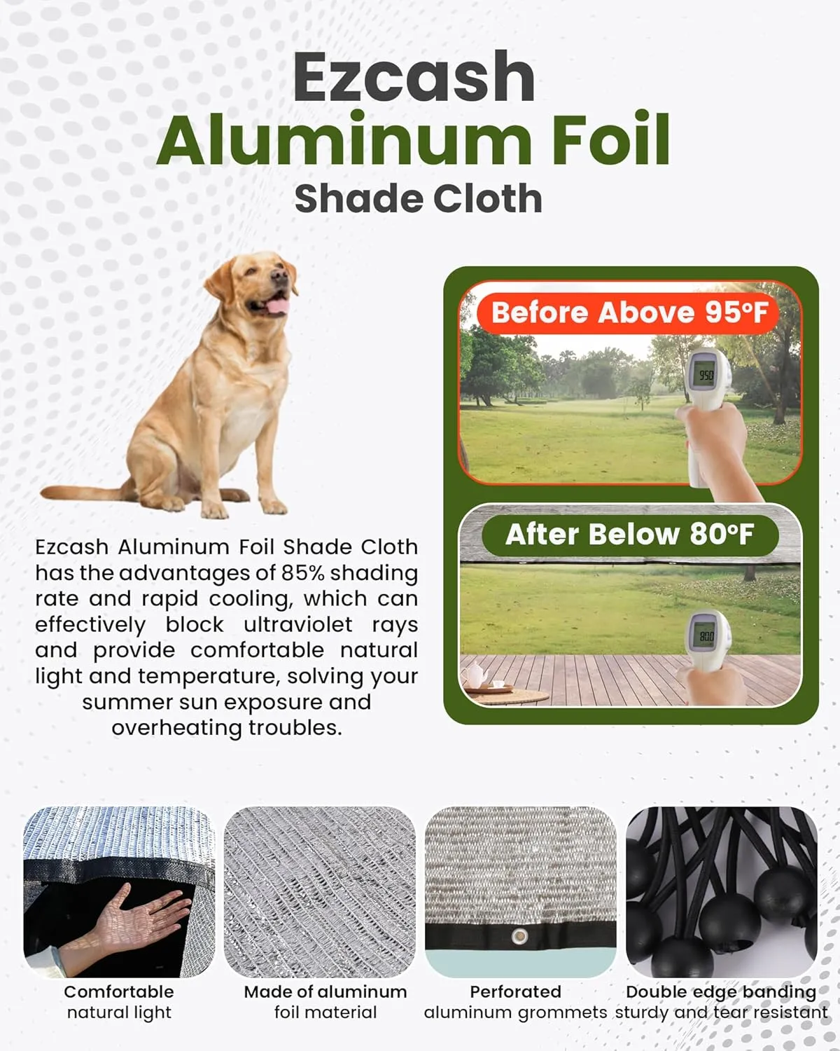 Aluminet Shade Cloth 6.5x10ft, 85% Reflective Silver Aluminet Shade Cloth with Grommets, Sun Protection and Breathable, Complete Accessories, for Greenhouse, Car, Pet, Camping, Garden