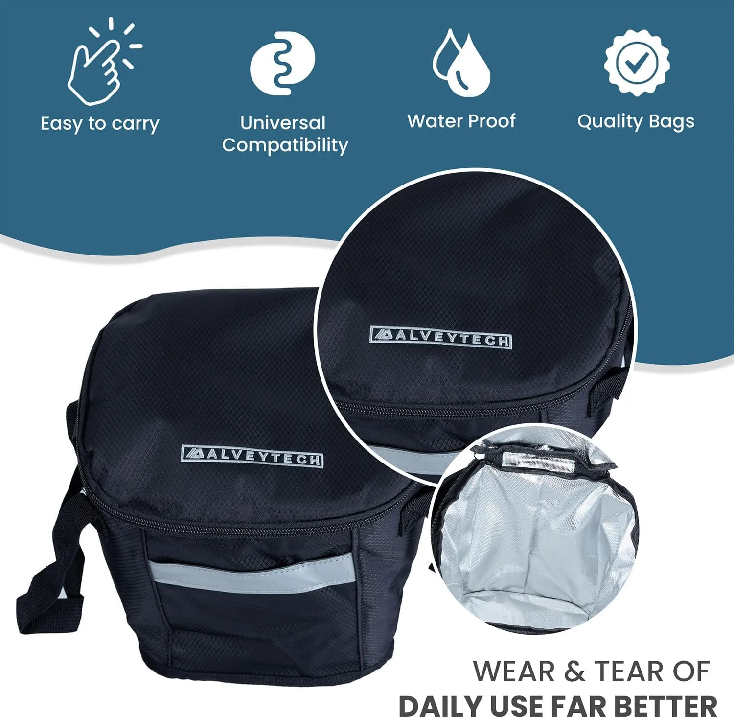 AlveyTech Black Insulated Basket Bag - Large Capacity Durable Polyester & PE Foam Organizer Bags with Extra Pocket, Secure Hook and Strap, Storage Accessories for Mobility Scooters, Power Chair, eBike
