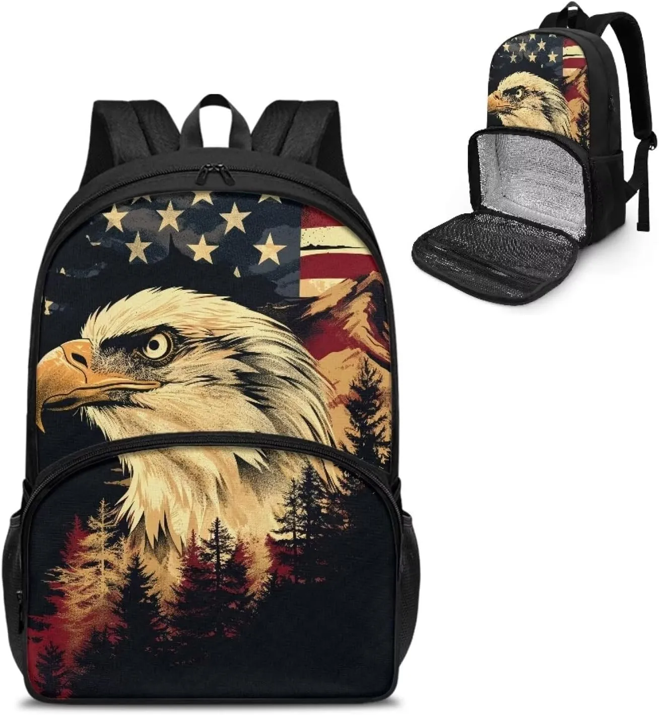 American Flag Eagle Meal Backpack, 2 in 1 Insulated Lunch Tote Bags, Large Capacity Hiking Lunch Rucksack, Casual School Bag Bookbag for Boys Girls
