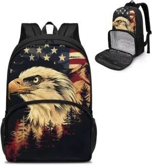 American Flag Eagle Meal Backpack, 2 in 1 Insulated Lunch Tote Bags, Large Capacity Hiking Lunch Rucksack, Casual School Bag Bookbag for Boys Girls
