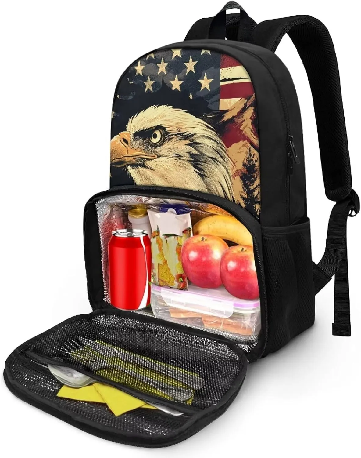American Flag Eagle Meal Backpack, 2 in 1 Insulated Lunch Tote Bags, Large Capacity Hiking Lunch Rucksack, Casual School Bag Bookbag for Boys Girls