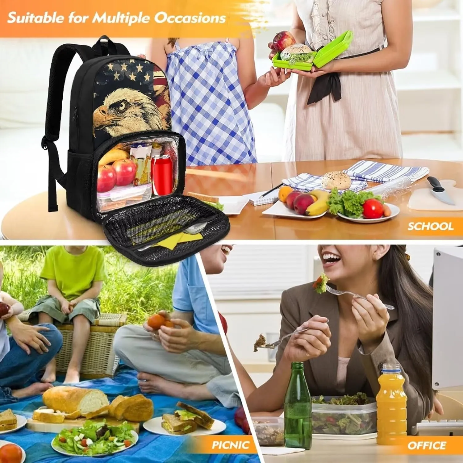 American Flag Eagle Meal Backpack, 2 in 1 Insulated Lunch Tote Bags, Large Capacity Hiking Lunch Rucksack, Casual School Bag Bookbag for Boys Girls