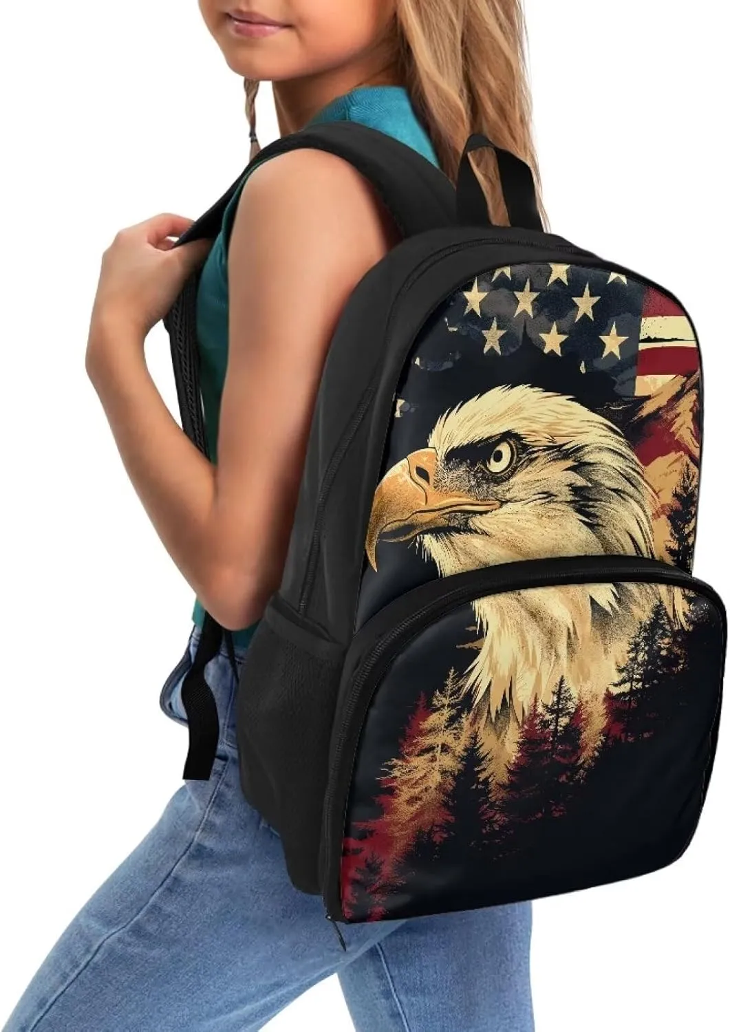 American Flag Eagle Meal Backpack, 2 in 1 Insulated Lunch Tote Bags, Large Capacity Hiking Lunch Rucksack, Casual School Bag Bookbag for Boys Girls