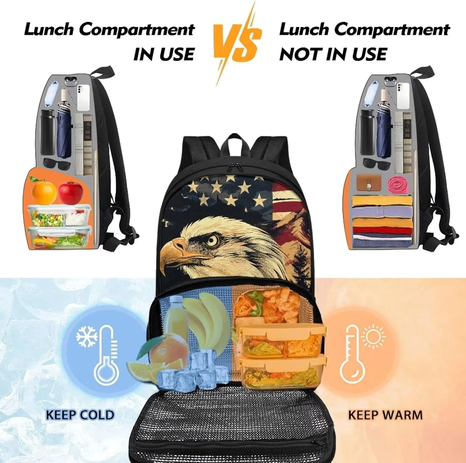 American Flag Eagle Meal Backpack, 2 in 1 Insulated Lunch Tote Bags, Large Capacity Hiking Lunch Rucksack, Casual School Bag Bookbag for Boys Girls