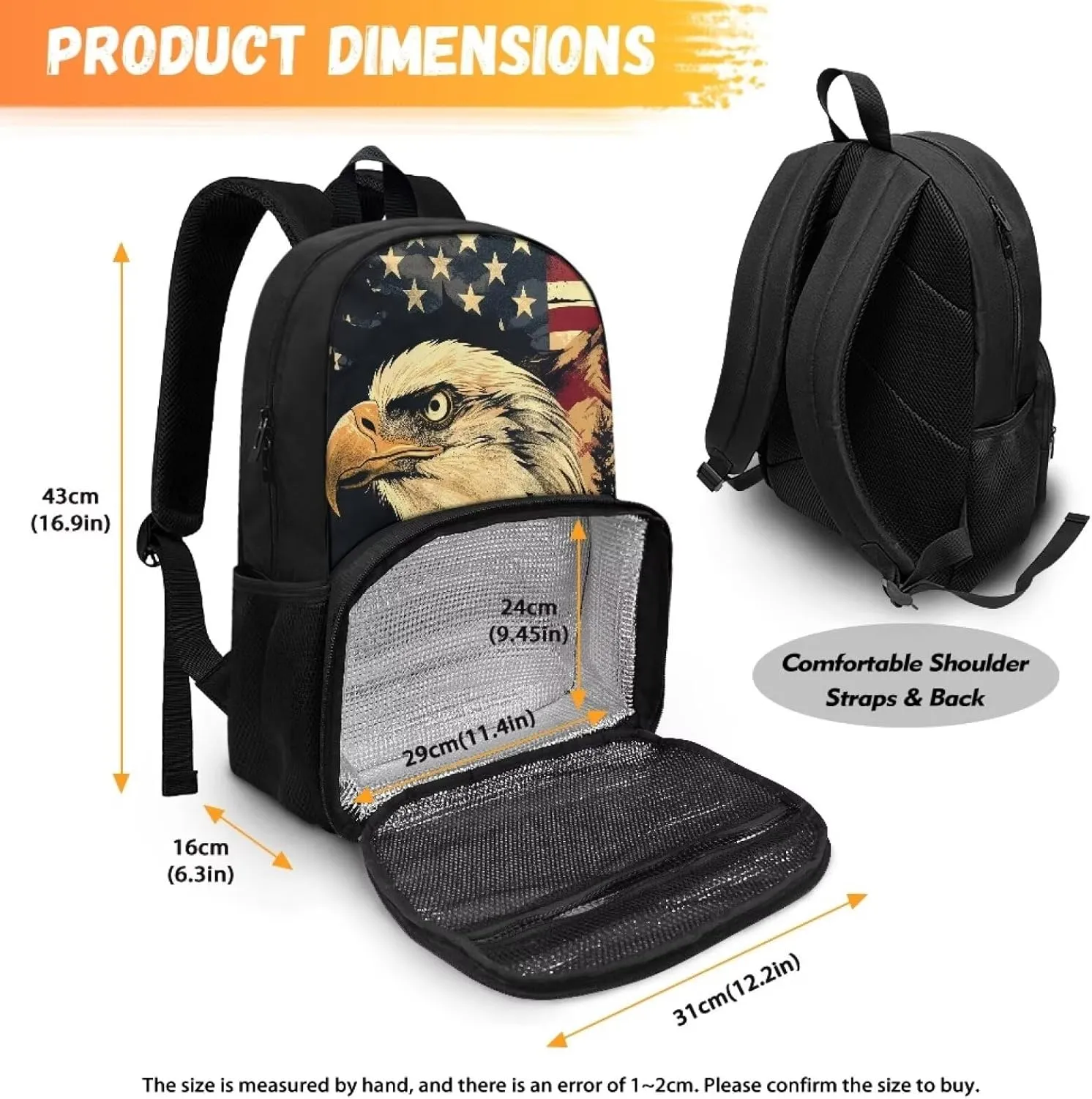 American Flag Eagle Meal Backpack, 2 in 1 Insulated Lunch Tote Bags, Large Capacity Hiking Lunch Rucksack, Casual School Bag Bookbag for Boys Girls