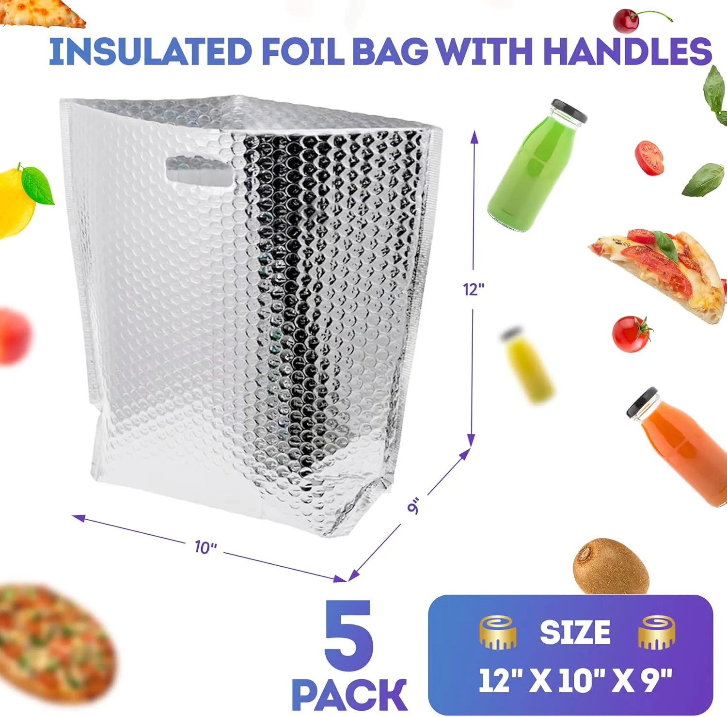 APQ Insulated Foil Bag With Handles, 12 x 10 x 9 Inches. 5 Pack Thermal Bags for Frozen Food. Metallized Foil Box Liners With Bubble Cushion. Shipping Bags for Food, Cosmetics