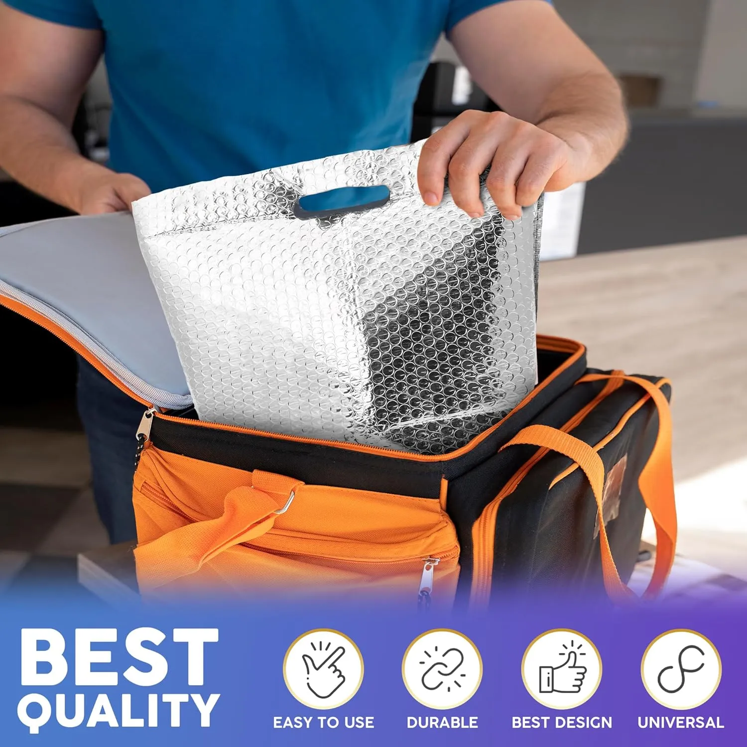 APQ Insulated Foil Bag With Handles, 12 x 10 x 9 Inches. 5 Pack Thermal Bags for Frozen Food. Metallized Foil Box Liners With Bubble Cushion. Shipping Bags for Food, Cosmetics