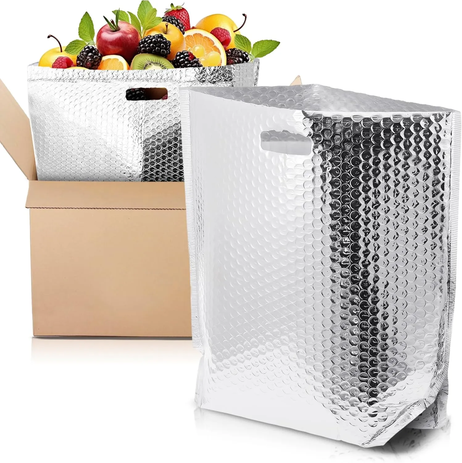 APQ Insulated Foil Bag With Handles, 12 x 10 x 9 Inches. 5 Pack Thermal Bags for Frozen Food. Metallized Foil Box Liners With Bubble Cushion. Shipping Bags for Food, Cosmetics
