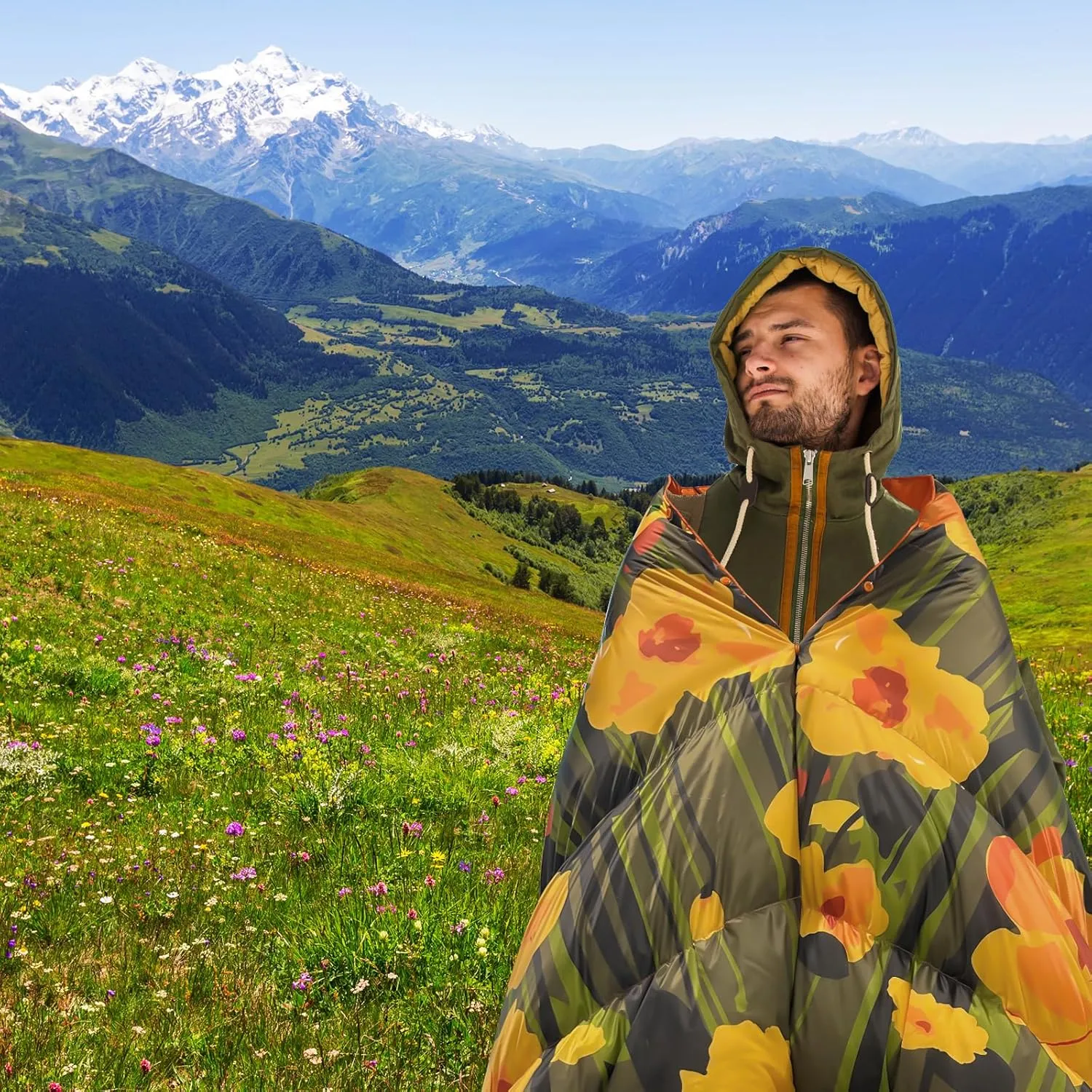 APSMILE Outdoor Down Blanket | Extra Warm & Puffy Camping Blanket | Water-Resistant, Lightweight, Packable Sleeping Quilt for Camp, Travel, Hiking, Picnic, Backpack (Bouquet HD Printed, 52"x75")