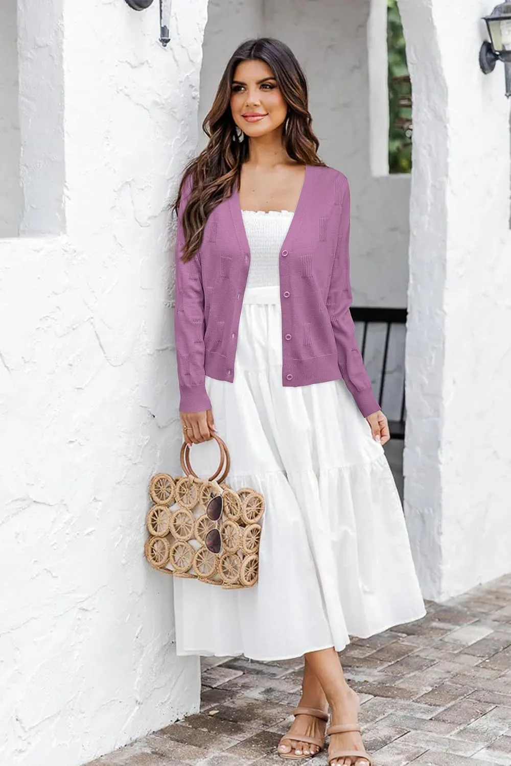 Arach&Cloz Womens Cropped Cardigan Lightweight 2025 Long Sleeve Bolero Shrug Knit Sweater Tops Cozy Clouds
