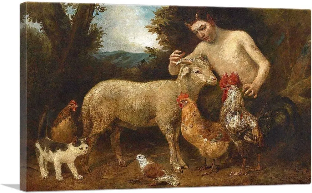 ARTCANVAS Satyr Boy With Animals Canvas Art Print Stretched Framed Painting Picture Poster Giclee Wall Decor by Johann Baptist Hofner - 26" x 18" (0.75" Deep)