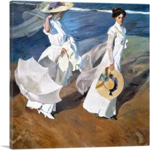 ARTCANVAS Seaside Stroll - Women Walking on the Beach 1909 Canvas Art Print Stretched Framed Painting Picture Poster Giclee Wall Decor by Joaquin Sorolla y Bastida - 26" x 26" (0.75" Deep)