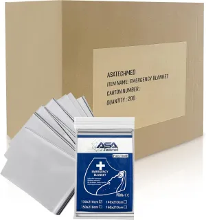 ASA TECHMED Emergency Blanket, Thermal Blankets Silver Foil Space Blanket. Designed for Outdoors, Camping, Survival, First Aid Preparedness Supplies, 200 Pcs Case Pack