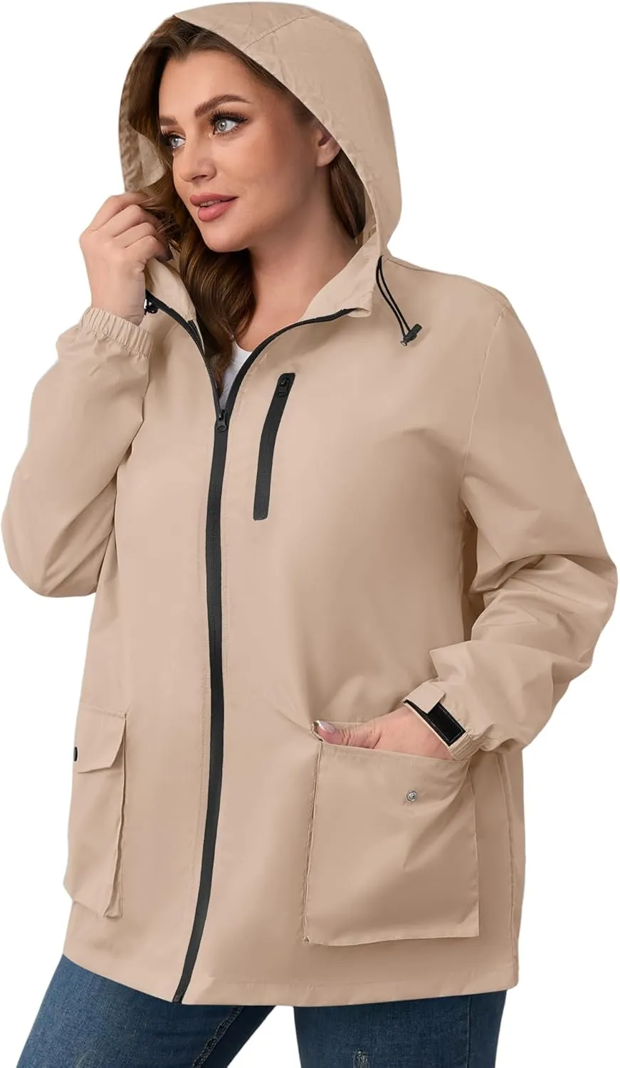 Avoogue Plus Size Womens Rain Jacket with Hood,Packable,Lightweight,Windbreaker,Waterproof Thin Jackets,Hiking,Travel