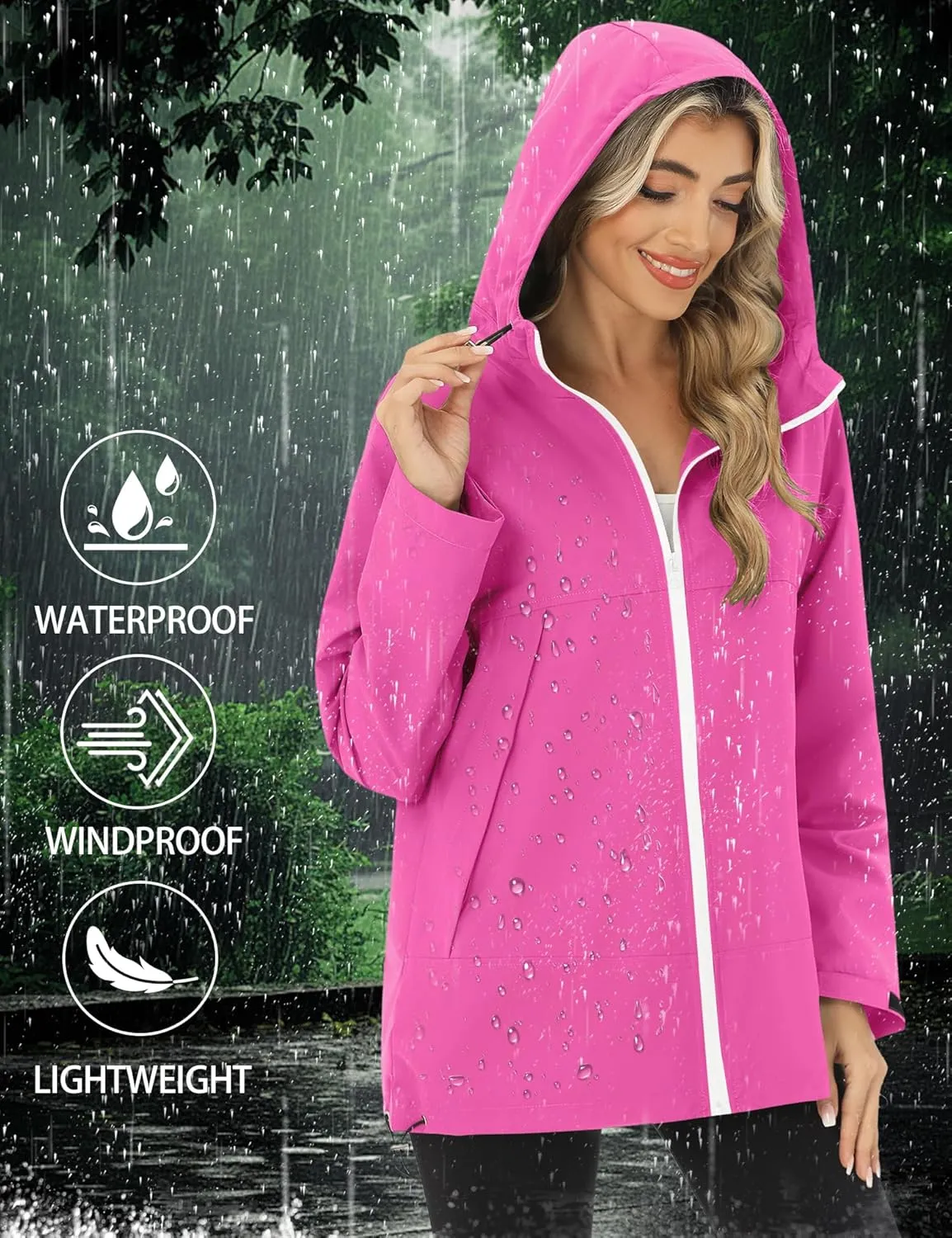 Avoogue Rain Jacket Women Waterproof Lightweight Raincoat Lined Outdoor Hooded Windbreaker