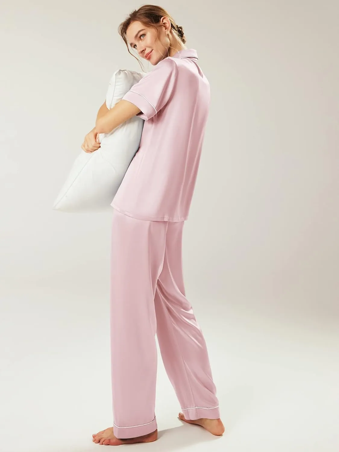 AW BRIDAL Womens Satin Pajama Set Soft Short Sleeve Silk Pajamas Button Down Loungewear Sleepwear Two Piece Pj Sets, S-XL