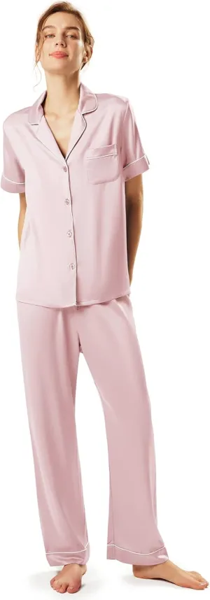 AW BRIDAL Womens Satin Pajama Set Soft Short Sleeve Silk Pajamas Button Down Loungewear Sleepwear Two Piece Pj Sets, S-XL