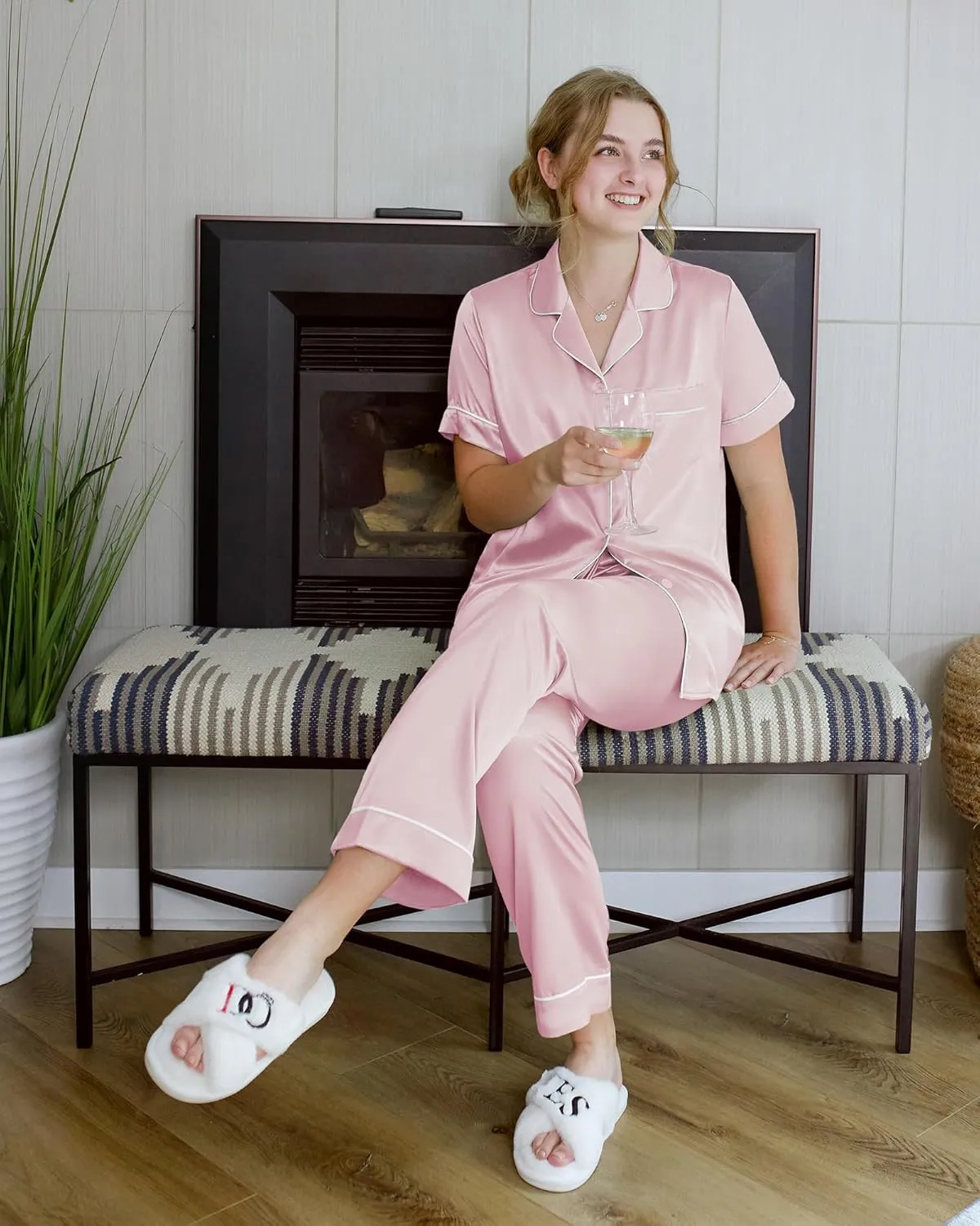 AW BRIDAL Womens Satin Pajama Set Soft Short Sleeve Silk Pajamas Button Down Loungewear Sleepwear Two Piece Pj Sets, S-XL