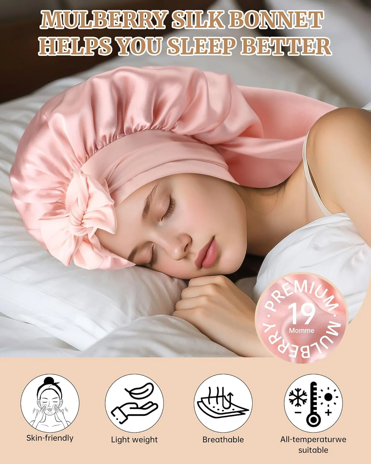 AWAYTR Silk Bonnet for Long Hair - 100% Mulberry Silk Bonnet for Sleeping Women or Kids with Adjustable Elastic Band