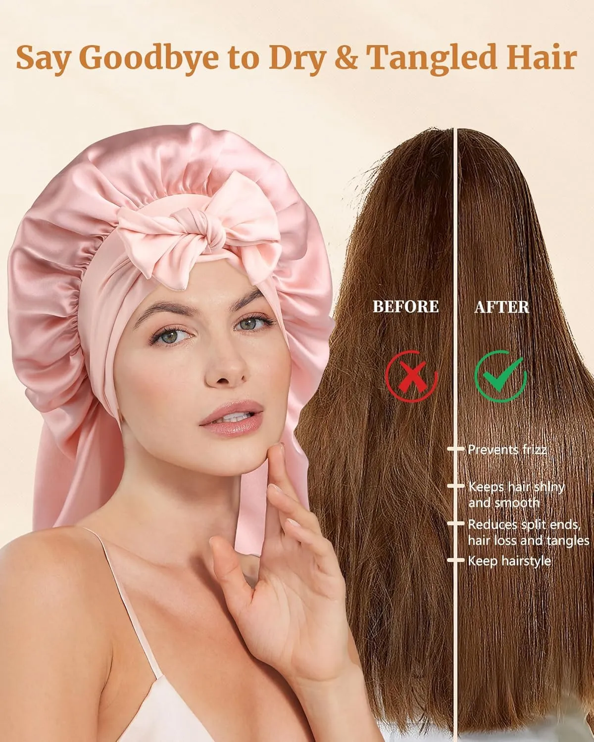 AWAYTR Silk Bonnet for Long Hair - 100% Mulberry Silk Bonnet for Sleeping Women or Kids with Adjustable Elastic Band