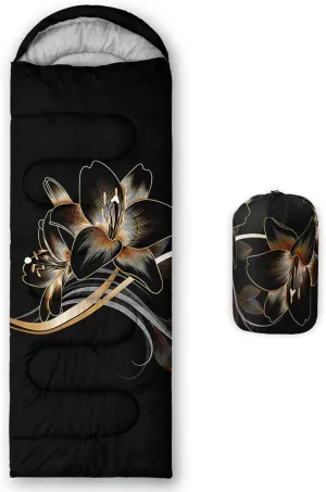 Axolotl Black Floral Sleeping Bag,Retro Pink Flower Portable Sleeping Bag for Women,Vintage 3 Season Warm and Cool Weather Waterproof Lightweight Sleeping Bag for Travelling Outdoors Camping Hiking