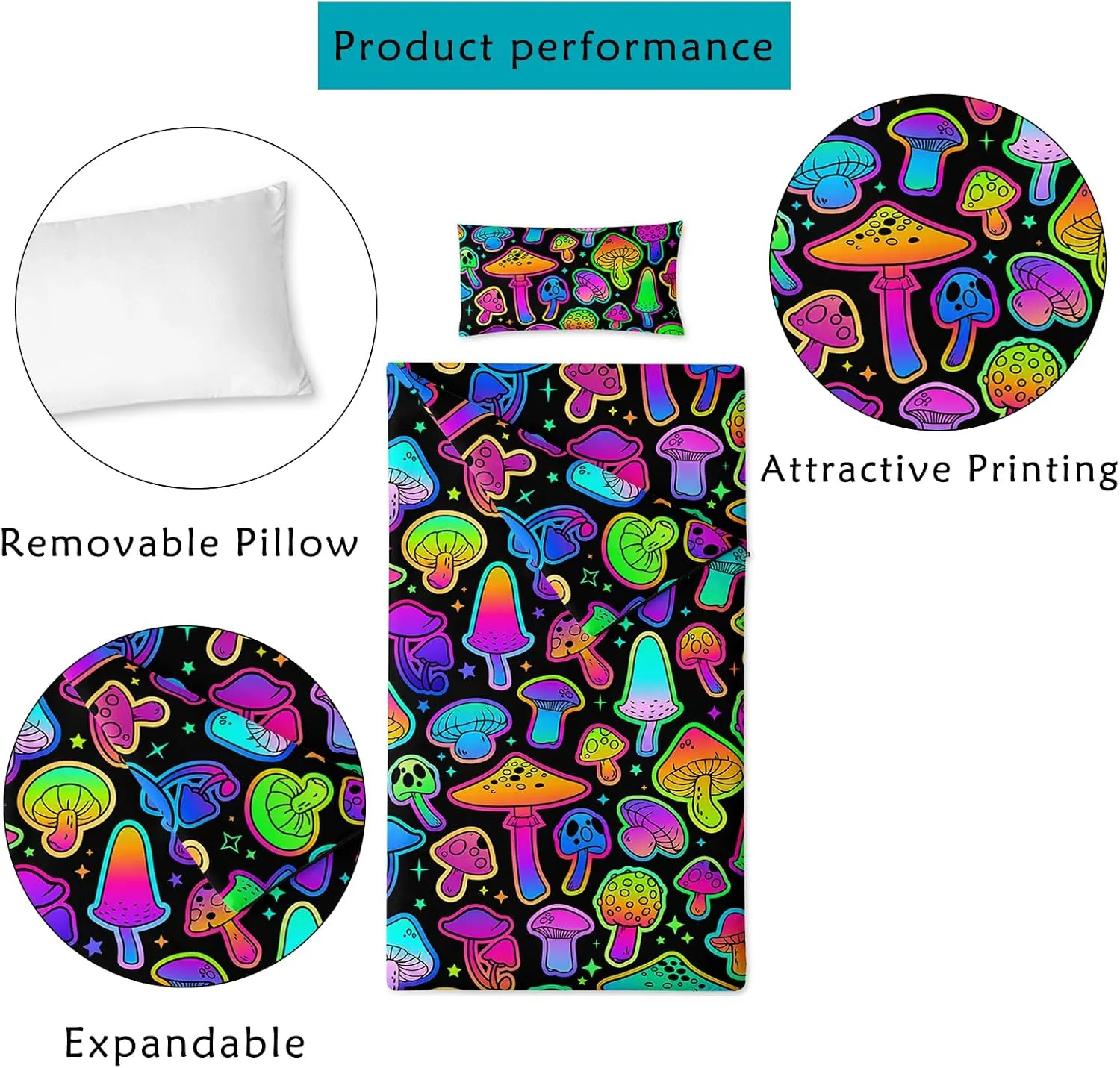 Axolotl Neon Cats Sleeping Bag for Boys Girls,Black Cats Nap Mat,Travel Slumber Bag for Travel Camping,Pet Animal Sleeping Bag,Roll Up Sleeping Mat,Colorful Nap Mat with Pillow and Zipper 55" X 30"