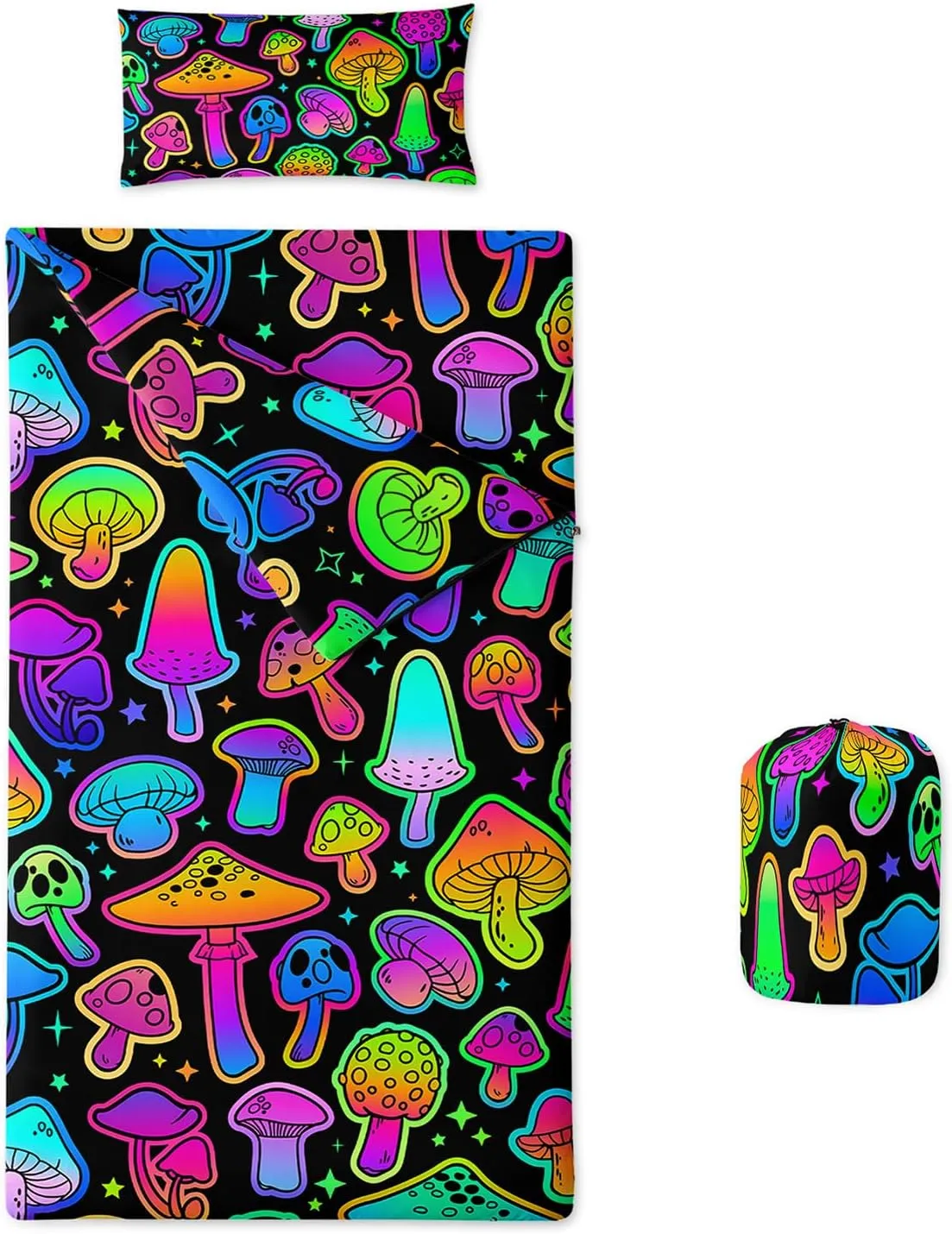 Axolotl Neon Cats Sleeping Bag for Boys Girls,Black Cats Nap Mat,Travel Slumber Bag for Travel Camping,Pet Animal Sleeping Bag,Roll Up Sleeping Mat,Colorful Nap Mat with Pillow and Zipper 55" X 30"