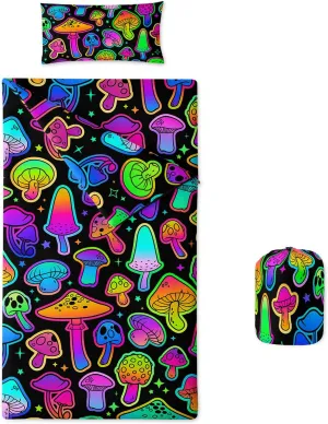 Axolotl Neon Cats Sleeping Bag for Boys Girls,Black Cats Nap Mat,Travel Slumber Bag for Travel Camping,Pet Animal Sleeping Bag,Roll Up Sleeping Mat,Colorful Nap Mat with Pillow and Zipper 55" X 30"