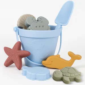 Baby Beach Toys for Toddlers Kids, Collapsible Baby Silicone Beach Toys,7 Sand Molds Toddler Sand Toys with Beach Buckets for Kids Boy and Girl (Blue)
