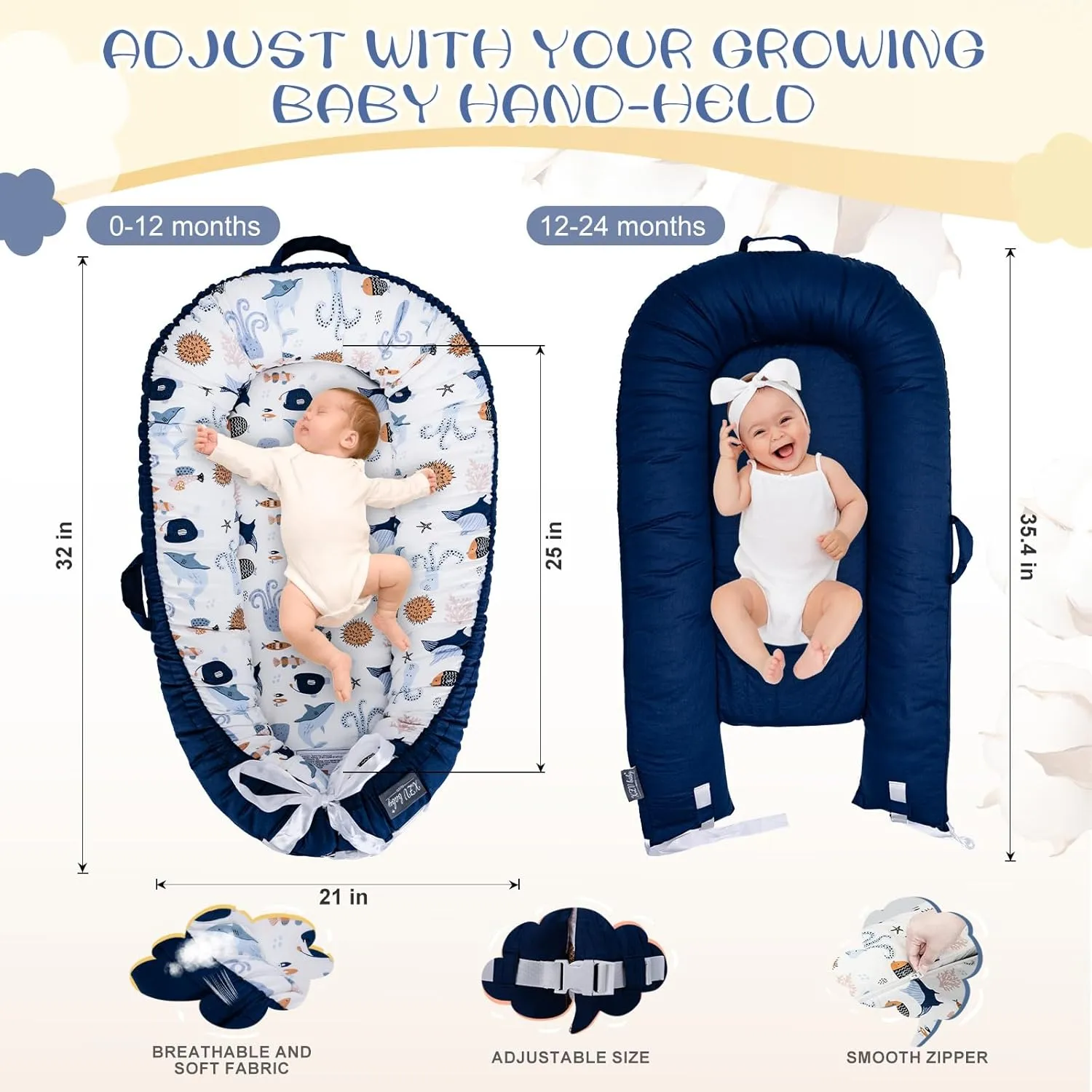 Baby Lounger, Infant Lounger for Newborn 0-24 Months, Breathable and Soft 100% Cotton Baby Nest Cover, Babies Essentials Gifts, Portable Co-Sleeping Baby Bed for Home and Travel